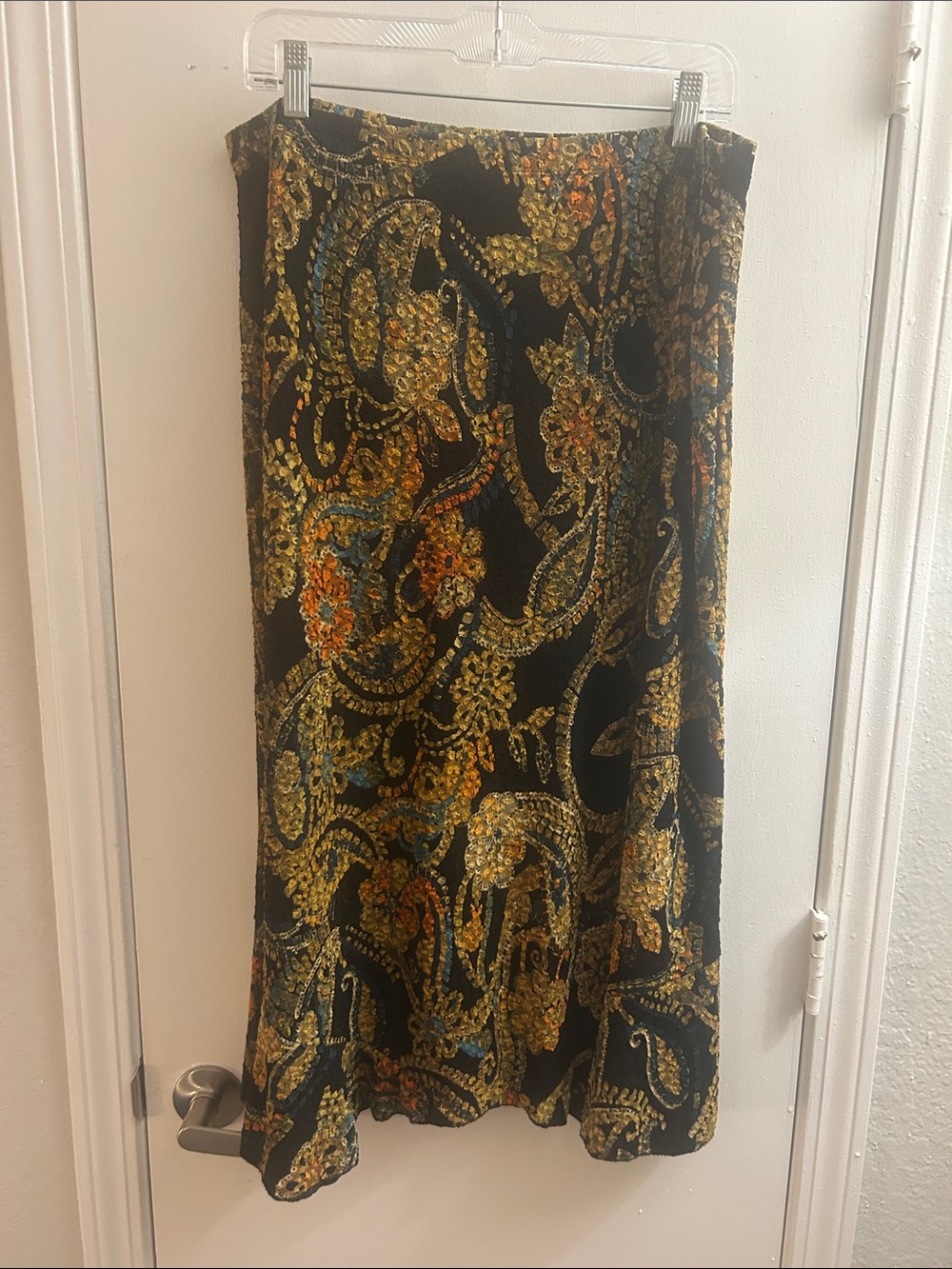 Black Midi Skirt with Gold and Orange Paisley